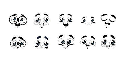 Set Of Cute Lovely Emojis Capture A Range Of Feelings. Smile, Wow, Surprised, Laugh and Loving Faces. Kawaii Emoji