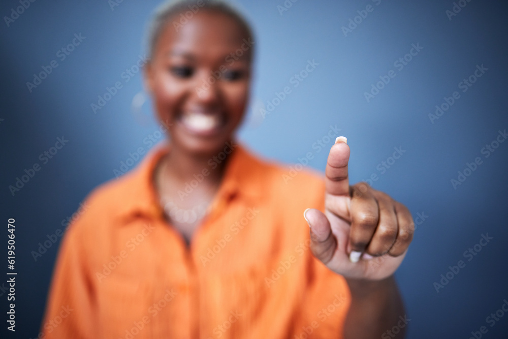 Poster finger, security and black woman user in studio on blue background for internet browsing or access t