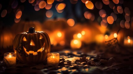 Generative AI of Halloween Carved Pumpkin Bokeh Background