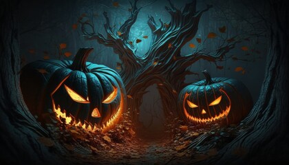 Generative AI of Scary Pumpkins Halloween Forest