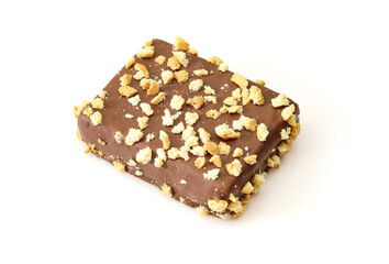 Chocolate and wafer crumbs covered dessert snack isolated on white background