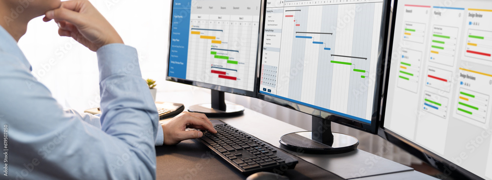 Poster project manager planning schedules for business task on office using gantt chart software display on