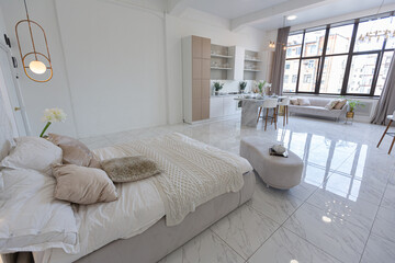 minimalistic light elegant luxury design of a modern spacious studio apartment with kitchen area,...