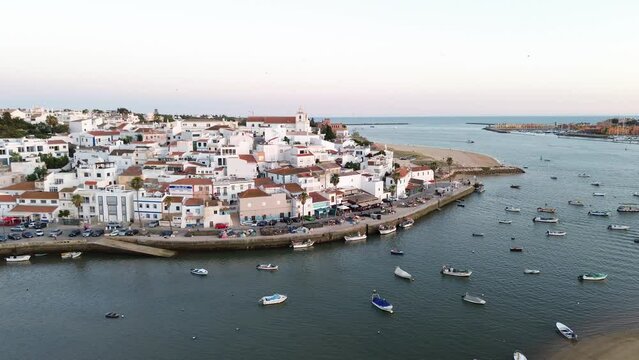Ferragudo Lagoa Algarve Portugal at Sunset Aerial Drone 4K