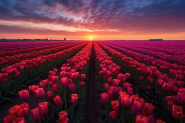 Foto auf Acrylglas Bordeaux Captivating scene of a magical landscape as the sun rises over a vibrant tulip field in the Netherlands. The colors and beauty of the flowers create a stunning visual display. Generative AI.