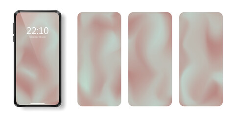 Realistic smartphone and set of abstract display backgrounds with blurred brown and mint gradient. Vibrant wavy fluid phone wallpaper. Mock up of empty modern digital gadget backdrop, lock screen
