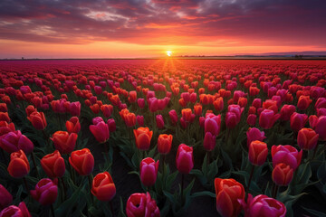 Captivating scene of a magical landscape as the sun rises over a vibrant tulip field in the Netherlands. The colors and beauty of the flowers create a stunning visual display. Generative AI.