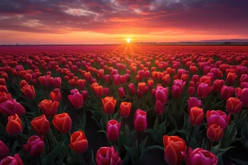 Tuinposter Captivating scene of a magical landscape as the sun rises over a vibrant tulip field in the Netherlands. The colors and beauty of the flowers create a stunning visual display. Generative AI. © Shinonome Studio