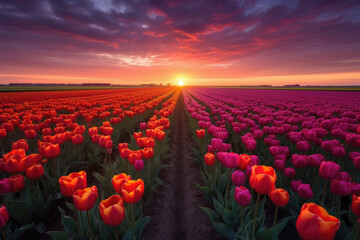 Captivating scene of a magical landscape as the sun rises over a vibrant tulip field in the Netherlands. The colors and beauty of the flowers create a stunning visual display. Generative AI.