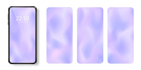 Template of pastel lilac background for cellphone. Vector phone screen soft purple wallpaper with blurred wavy gradient. Set of vertical digital backdrop, display with silk or satin texture cover