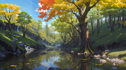  A beautiful rural nature forest. An Illustration in an anime background animation style - Set 2