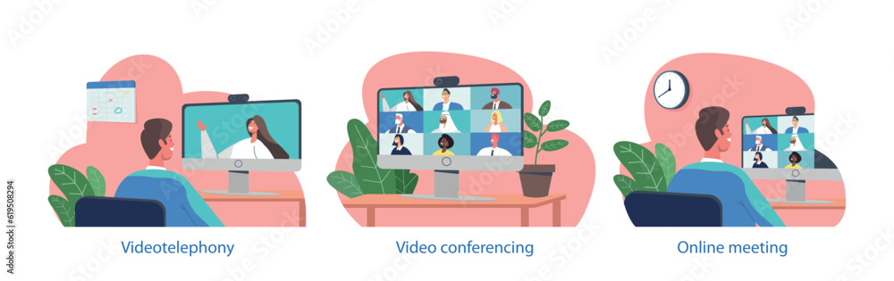 Poster isolated elements with characters communicate via teleconference using zoom, a popular video confere