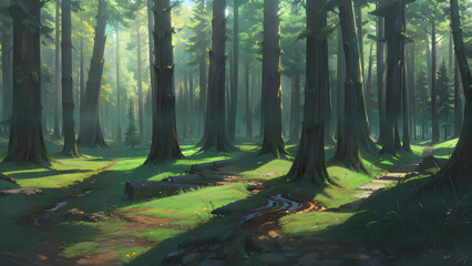  A beautiful rural nature forest. An Illustration in an anime background animation style - Set 2