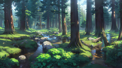  A beautiful rural nature forest. An Illustration in an anime background animation style - Generative AI	
