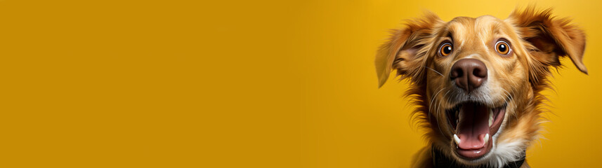 Horizontal Banner for Website of surprised or amazed Labrador pet with a curious puppy face at on yellow background. Website banner concept. Advertising postcards, notebooks. Generative AI Technology