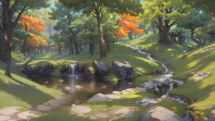  A beautiful rural nature forest. An Illustration in an anime background animation style - Generative AI	
