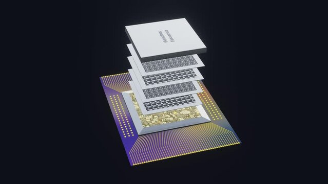 Quantum processor concept with quantum qubits circuit boards in layers, wiring, cover, 3D rendering, an exploded view, on dark background