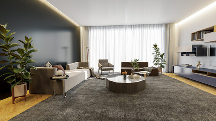 Fototapeta premium Large luxury modern bright interiors Living room mockup illustration 3D rendering computer digitally generated image