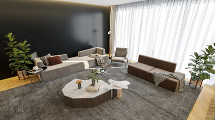 Large luxury modern bright interiors Living room mockup illustration 3D rendering computer digitally generated image