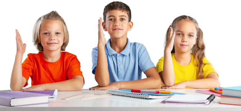 Concept of education. School child, ready to answer the teacher's questions in class. Little classmate in the classroom.