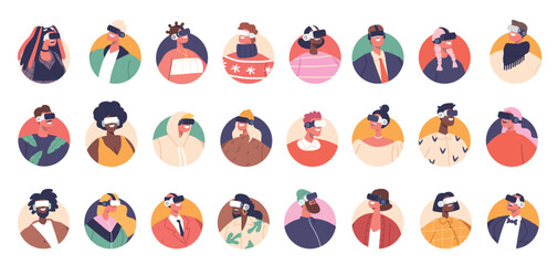 Set of Character Avatar Wear Vr Glasses To Immerse In Virtual Reality Experiences, People Round icons, Illustration