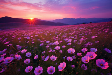 Fototapeta premium Awe-inspiring mountain landscape with a stunning sight of a vast expanse of pink Cosmos flowers in full bloom. Generative AI.