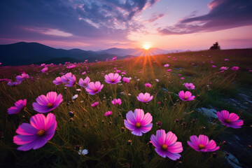 Fototapeta premium Awe-inspiring mountain landscape with a stunning sight of a vast expanse of pink Cosmos flowers in full bloom. Generative AI.