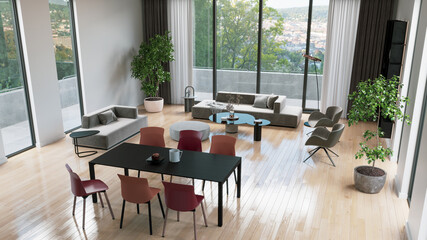 Large luxury modern bright interiors Living room mockup illustration 3D rendering computer digitally generated image