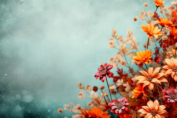 Autumn flower background with copy space. Red and orange floral backdrop with empty corner