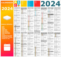 Calendrier 2024 14 mois ntièrement modifiable via calques et texte sans serif