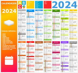 Calendrier 2024 14 mois ntièrement modifiable via calques et texte sans serif