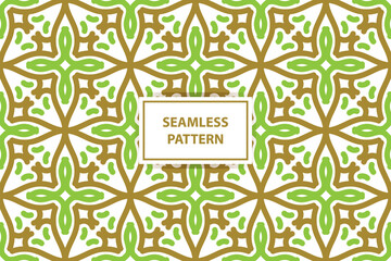 oriental seamless pattern. White, green and gold background with Arabic ornament. Pattern, background and wallpaper for your design. Textile ornament. Vector illustration.