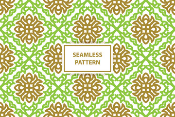 oriental seamless pattern. White, green and gold background with Arabic ornament. Pattern, background and wallpaper for your design. Textile ornament. Vector illustration.