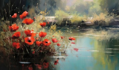  a painting of red poppies in a field by a river.  generative ai