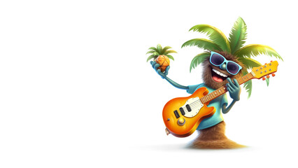 Funny cartoon palm tree in sunglasses playing guitar. Happy summer tropical character on white background