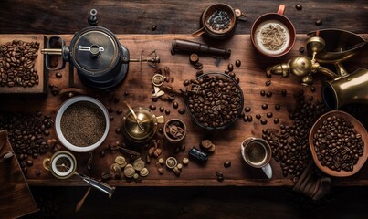  a wooden cutting board topped with lots of different types of coffee.  generative ai
