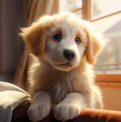 Golden retriever puppy sitting on sofa. AI generative