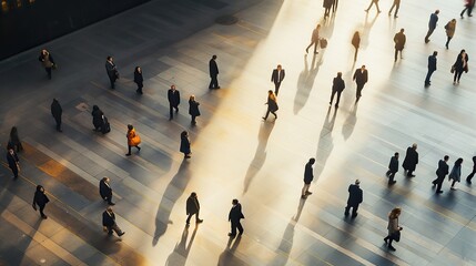 Top view Long exposure shot of modern office lobby with business people walking in fast movement, Generative AI