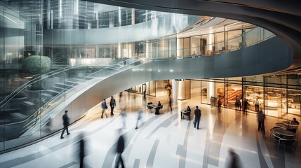 Top view Long exposure shot of modern office lobby with business people walking in fast movement, Generative AI