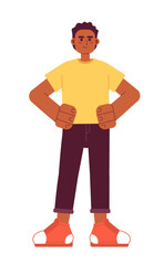 Young african american man with hands on hips semi flat color vector character. Editable full body of optimistic entrepreneur on white. Simple cartoon spot illustration for web graphic design