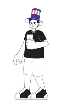 Young latino man with punch glass monochromatic flat vector character. Guy wearing 4th of july hat. Editable line full body person on white. Simple bw cartoon spot image for web graphic design