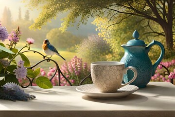 Create a high-definition image of a delicate teapot surrounded by an assortment of vibrant, freshly picked flowers, showcasing the interplay of light and shadows.