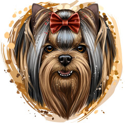 Yorkshire terrier. A color, artistic image of the head of a Yorkshire terrier in watercolor style on a white background. Digital vector graphics.