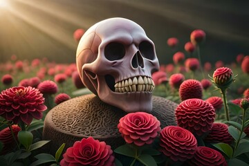 "Create an eerie juxtaposition: a skull enveloped by vibrant, blooming flora."
