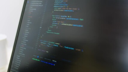 The programmer writes a program code, creating a program, on the screen, close - Powered by Adobe