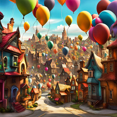 Whimsical town filled with balloons. Edited AI generated image - 619512096