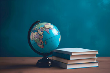 Globe on table next to geography books on blue background. Education concept. Studying maps and using geographic tools. Innovative educational materials