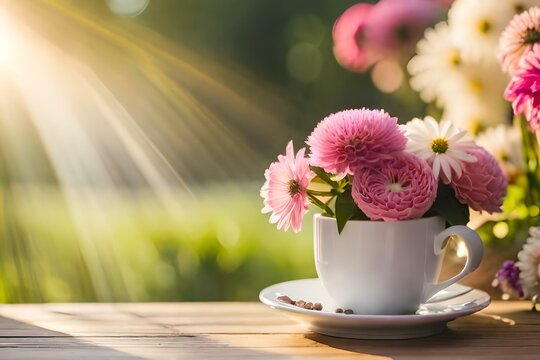 Generate a picture featuring a beautifully arranged cup of coffee and a bouquet of fresh flowers.