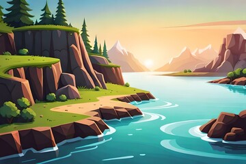 Generate a realistic depiction of the sun setting behind a majestic mountain range, casting a warm and tranquil glow across the scene.