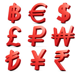 3d Set Of Nine Red Currency Symbol Icons Isolated On White Background, 3d Illustration